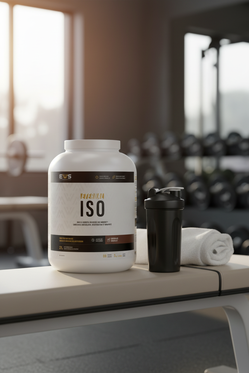 Eternal ISO Protein lifestyle photo - EWS tub on gym bench with shaker bottle post-workout