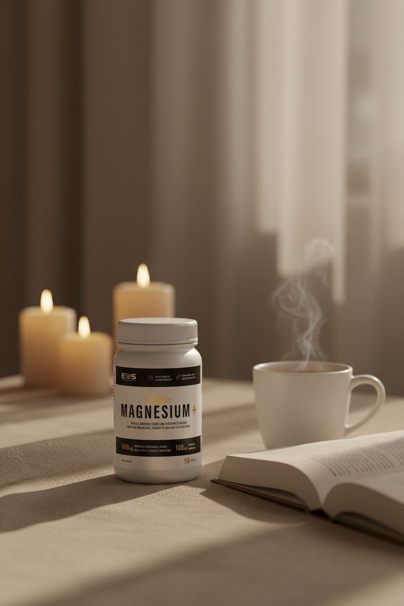 Eternal Magnesium+ lifestyle photo - evening wind-down mood with tea and candlelight
